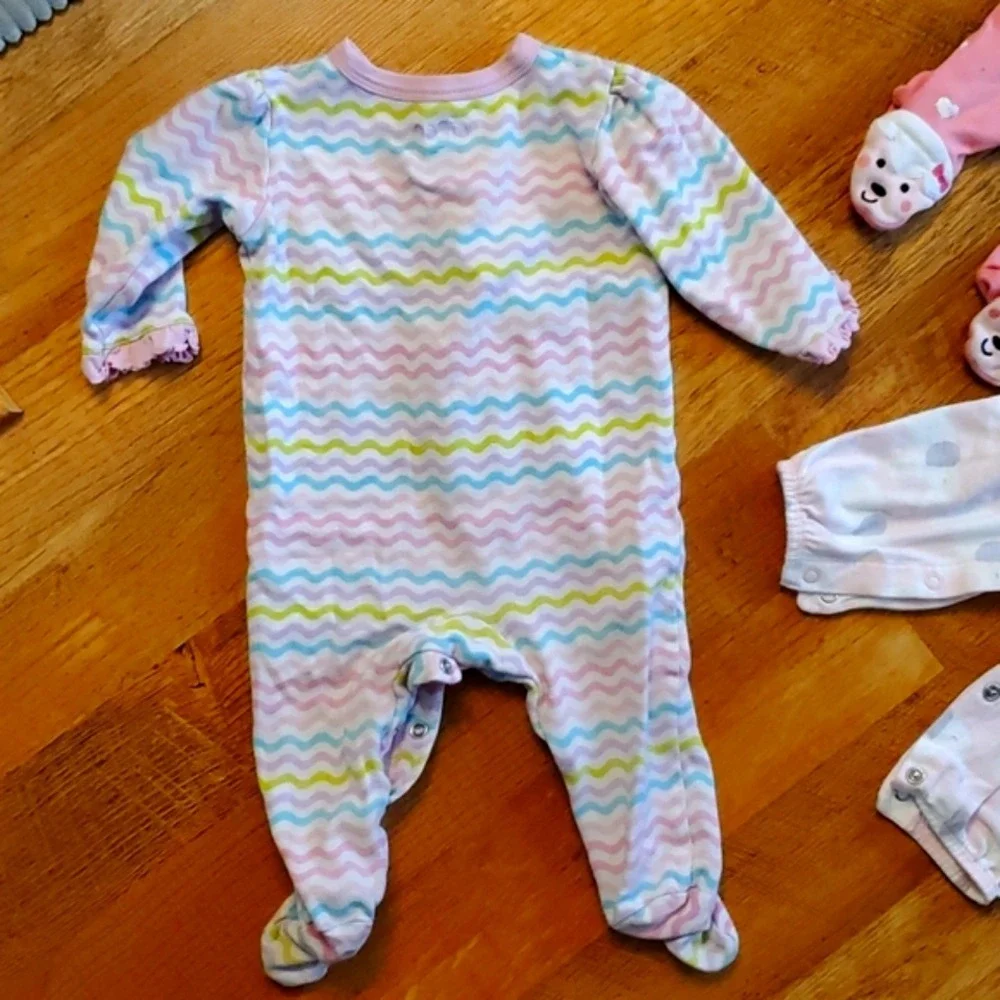 3 Pack Girls Snap Pink‎ Footie Sleep & Plays 9M- Elephant, Chevron, Sheep